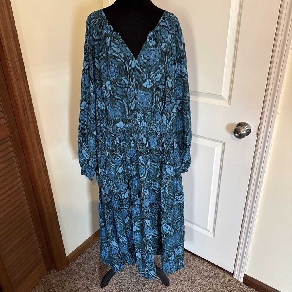 Lane Bryant Dress Womens 24‎ Blue Green Smocked shoulder Long Sleeve Midi  dress